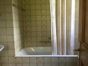 uma banheira com uma cortina de chuveiro na casa de banho em Chalet mit grossem Umschwung em Cerniat