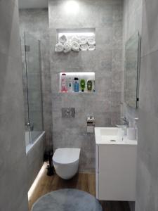 a bathroom with a toilet and a sink and a shower at Apartament Grunwaldzka in Przemyśl