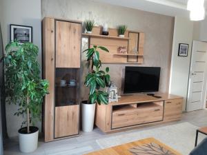 a living room with a wooden entertainment center with a flat screen tv at Apartament Grunwaldzka in Przemyśl