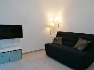 sala de estar con sofá negro y TV de pantalla plana en L'Affacatoghju - Grand studio au village (2p), en Tavera