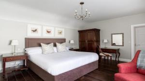 Ballynahinch的住宿－Millbrook Lodge，一间卧室配有一张大床和一张红色椅子