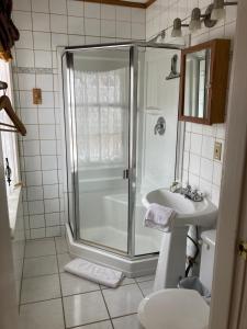 ein Bad mit einer Dusche und einem Waschbecken in der Unterkunft St. George Hotel in Barkerville