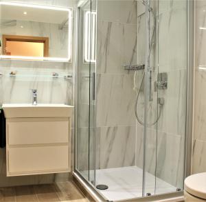 a bathroom with a shower and a sink at Ferienwohnung Bergflora in Oberstdorf
