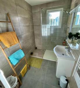 ein Bad mit einer Dusche und einem Waschbecken in der Unterkunft Vue panoramique - résidence calme - St Raphaël in Saint-Raphaël