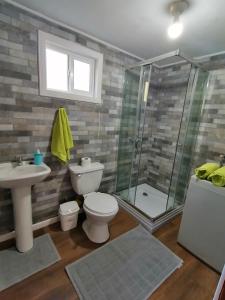 a bathroom with a toilet sink and a shower at Cabaña CyG 2 - Chaitén in Chaitén