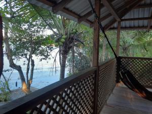 a porch with a hammock and a palm tree on the beach at Casa Manatí in Lívingston