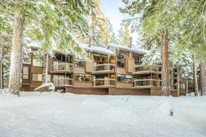 um edifício de apartamentos na floresta na neve em The Pines at Rocky Point em Truckee