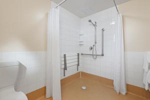 a bathroom with a shower and a toilet at Denton Park Motel in Christchurch