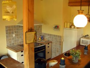 a kitchen with a counter top and a stove top oven at Moulin D’Huile in Chaumard