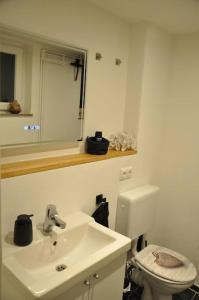 La salle de bains est pourvue d'un lavabo blanc et de toilettes. dans l'établissement Stadtnaher heller Souterrain, à Oldenbourg