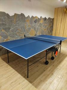 a blue ping pong table in front of a stone wall at Apartamenty Słodyczki in Nowe Bystre