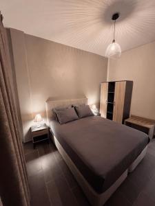 ein Schlafzimmer mit einem großen Bett und einer Lampe in der Unterkunft Supreme City Heart Suits in Alexandroupoli
