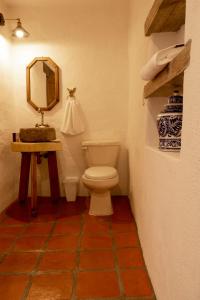 y baño con aseo y espejo. en Villa 19 habitación #2 en Guanajuato