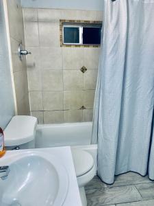 een badkamer met een wastafel, een toilet en een douche bij The Doze Off in Houston