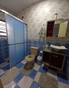 La salle de bains est pourvue de toilettes, d'un lavabo et d'un miroir. dans l'établissement Recanto da praia, à Bertioga