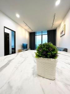 a potted plant sitting on a table in an office at Kuching BDC Saradise Rex Apartment in Kuching