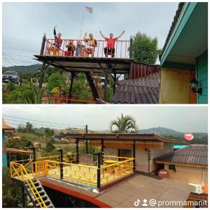 two pictures of people on a balcony of a house at พักดีโฮม วิวหมอก เขาค้อ in Khao Kho