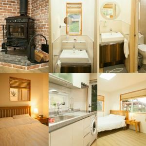 a collage of photos of a bathroom and a bedroom at Bandi House in Seogwipo