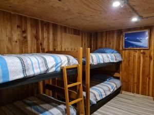 a room with three bunk beds in a cabin at Refugio de Montaña Sollipulli, Lodge Nevados de in Melipeuco