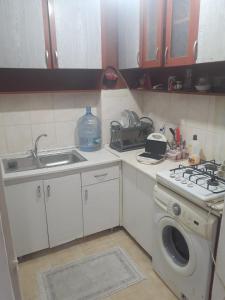 eine Küche mit einer Spüle und einer Waschmaschine in der Unterkunft Uzis double Room in Istanbul