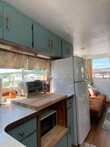 a kitchen with a white refrigerator and a microwave at Unique and Serene Sunset Houseboat for 4 in Savanna
