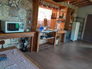 eine Küche mit Spüle und Mikrowelle im Zimmer in der Unterkunft Chácara paraíso dá paz in Nova Petrópolis