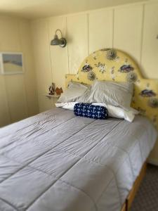 a bedroom with a large bed with blue and white pillows at Floating Cottage on the River Nantucket in Savanna