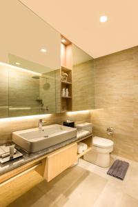 a bathroom with a sink and a toilet and a mirror at The Manohara Hotel Yogyakarta in Yogyakarta