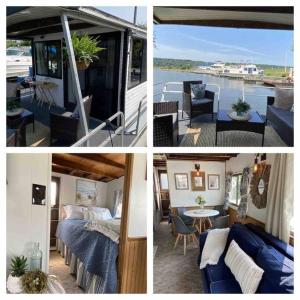 un collage de cuatro fotos de un barco con un dormitorio y una cama en Driftwood Cozy Houseboat on the Water for 2, en Savanna