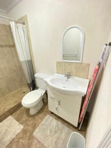 y baño con lavabo, aseo y espejo. en Kelly's Apartments - Rental near Airport, Amenities and Bus Route en Saint Philip