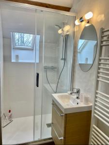 Un baño con ducha, lavabo y espejo. en La Balastière, en Beaumont-en-Véron