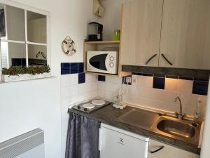eine Küche mit Spüle und Mikrowelle in der Unterkunft Appartement confortable 4 pers avec terrasse et accès piscine à Vieux-Boucau - FR-1-379-153 in Vieux-Boucau-les-Bains