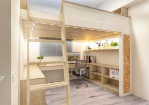 a loft bed in a room with a desk at Lavender Homestay in Cheng-i-ts'un