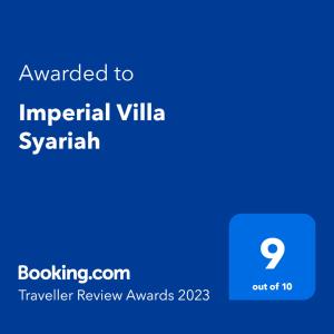 Certifikát, hodnocení, plakát nebo jiný dokument vystavený v ubytování Imperial Villa Syariah