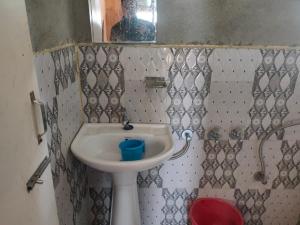 een badkamer met een witte wastafel en een spiegel bij Snow White Holiday Inn Homestay in Kalimpong