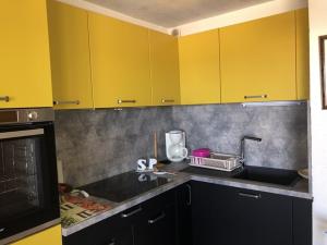 uma cozinha com armários amarelos e um lavatório em Studio Le Grau d'Agde, 1 pièce, 4 personnes - FR-1-423-26 em Le Grau-dʼAgde