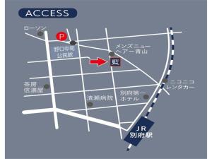 a map of the acos area with a red arrow at J-STAY Beppu indigo in Beppu