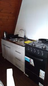 uma cozinha com um fogão e um lavatório em CABAÑAS COPITL em Tanti