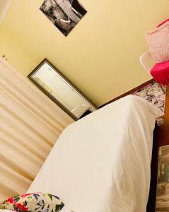 um quarto com uma cama branca e um espelho em 25 Swallow Yellowood em Durban