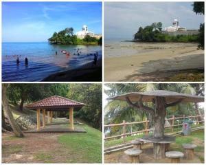 a collage of four pictures of a beach and a gazebo at PD Laguna Homestay Red in Port Dickson