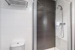 a bathroom with a shower and a toilet at Hotel 280 Zaragoza in Calatorao