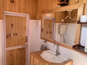 a bathroom with a sink and a mirror at THE WONDERLAND COTTAGES & Cafe in Nārkanda