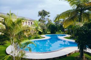 einen Pool in einem Garten mit Palmen in der Unterkunft Gorillas Lake Kivu Hotel in Gisenyi