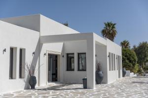 a white building with potted plants in front of it at Naxos Village hotel in Naxos Chora