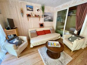 een woonkamer met een bank, 2 stoelen en een tafel bij Niedliche Wohnung mit Terrasse direkt am Strand in Lège-Cap-Ferret