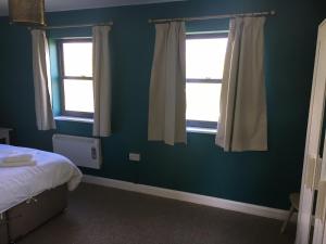 a bedroom with blue walls and two windows at Hurricane in Boston
