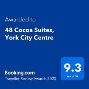 Sertifikat, penghargaan, tanda, atau dokumen yang dipajang di 48 Cocoa Suites, York City Centre