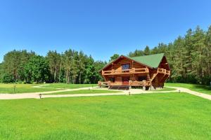 a log cabin in a field of green grass at Poilsio ir sveikatinimo sodyba Pušų Šlamesy in Vilnius