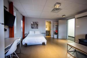 a bedroom with a bed and a tv and a couch at Le Chic-Urbain in Rouyn-Noranda