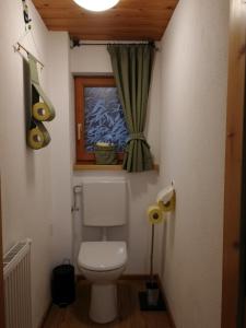 Elle comprend une petite salle de bains pourvue de toilettes et d'une fenêtre. dans l'établissement Ferienwohnung Ehrensberger, à Brixen im Thale